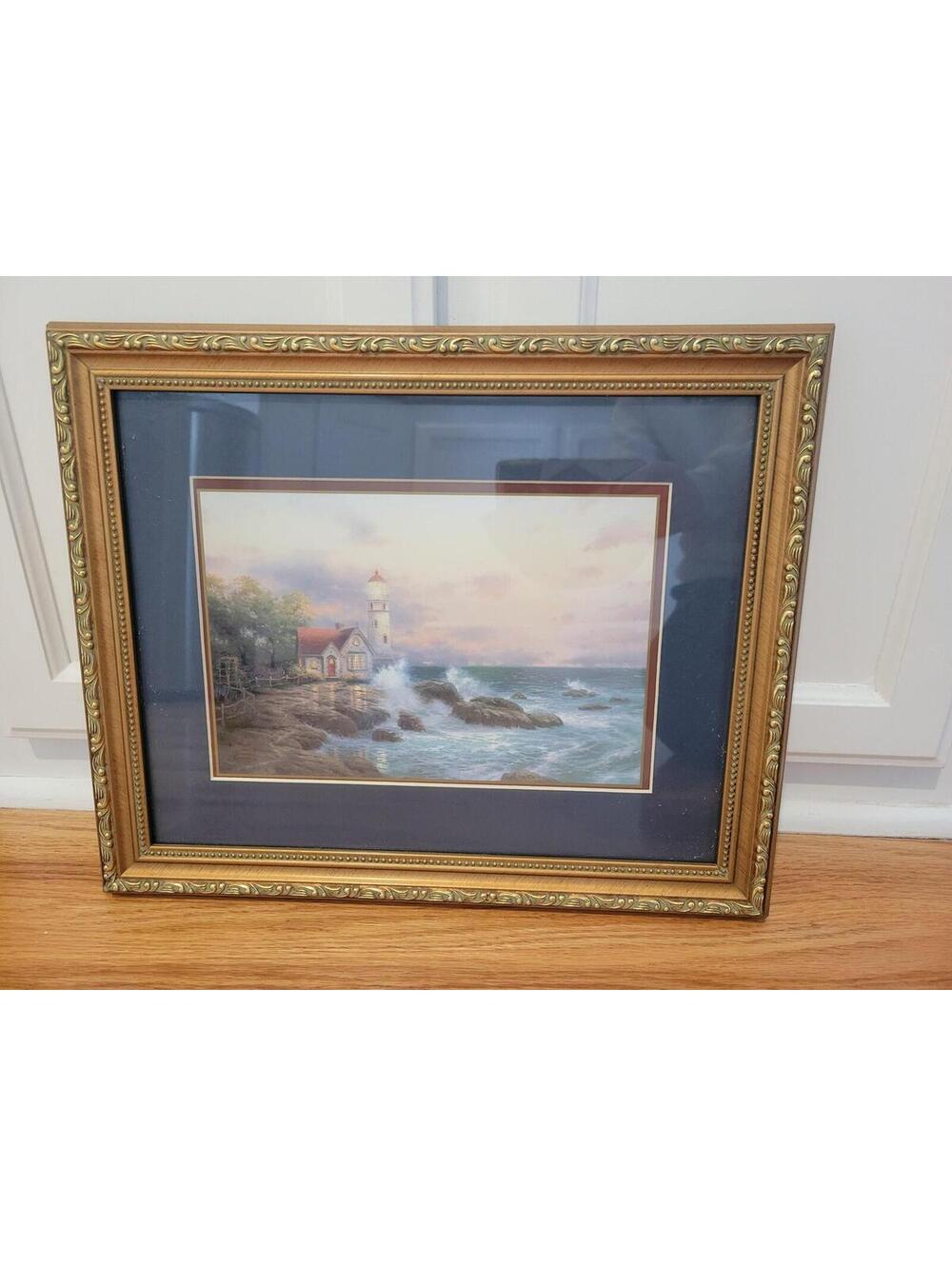 Thomas Kinkade Lighthouse Seascape Framed Print Gold Blue Mat Medium Nautical